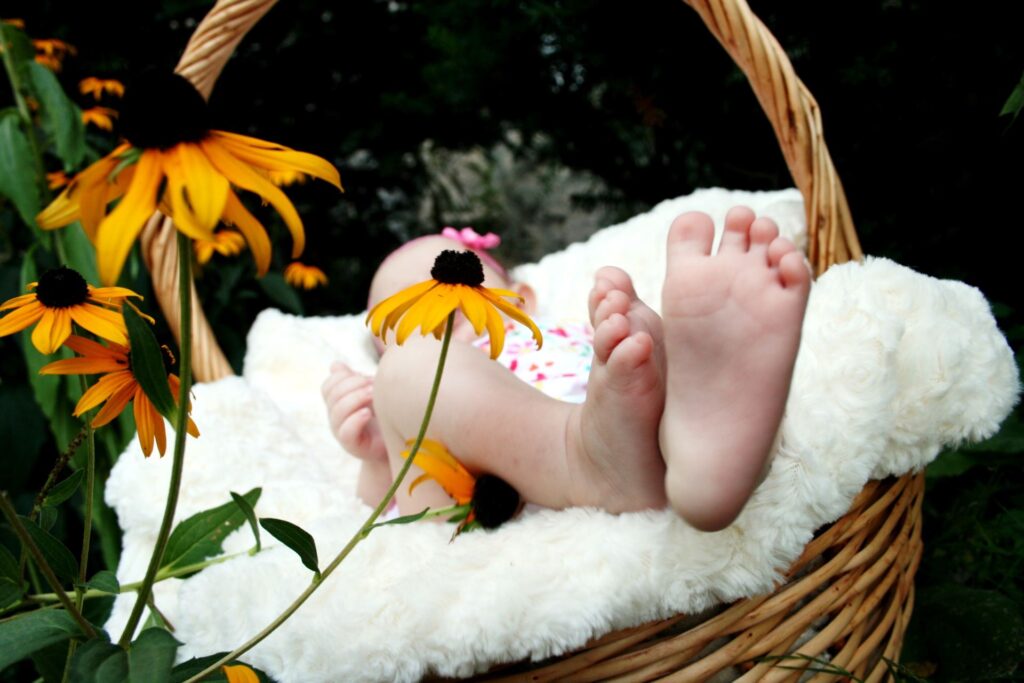The bare feet of a baby in a basket